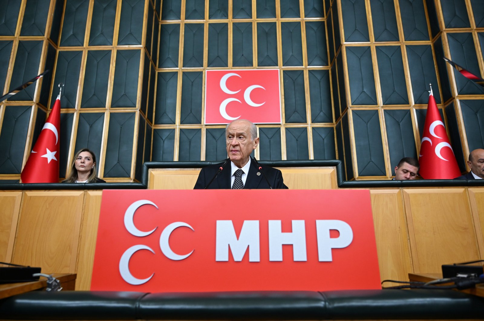 Nationalist Movement Party (MHP) Chairperson Devlet Bahçeli speaks at the parliamentary group meeting of his party, Ankara, Türkiye, May 28, 2024. (AA Photo)