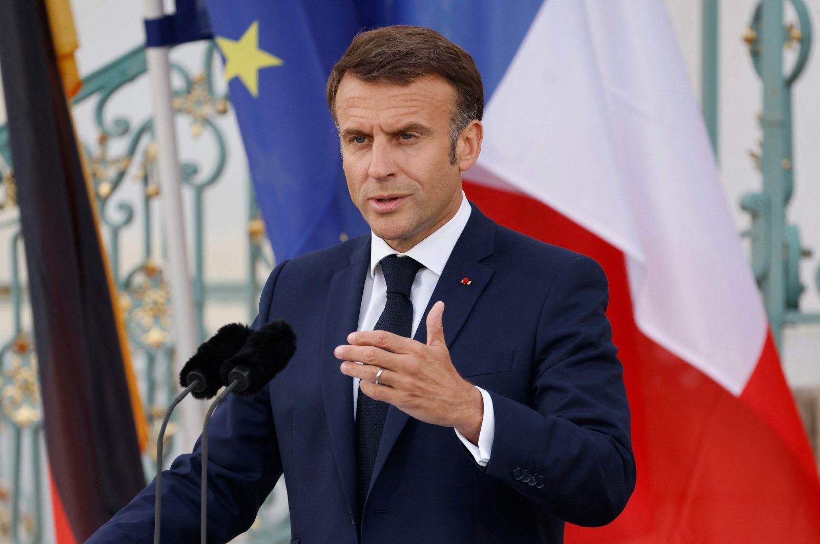 France&#039;s President Emmanuel Macron speaks during a joint news conference with the German chancellor at the Schloss Meseberg palace in Meseberg, eastern Germany, May 28, 2024. (AFP Photo)