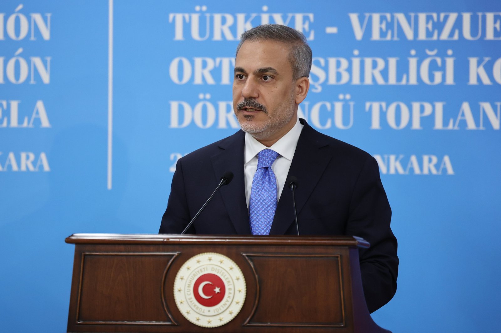 Foreign Minister Hakan Fidan speaks at a news conference with his Venezuelan counterpart Yvan Gil, Ankara, Türkiye, May 23, 2024. (AA File Photo)