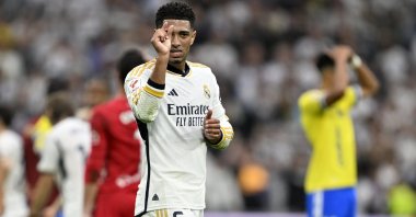 Real Madrid's Jude Bellingham gestures at the end of the match against Cadiz at the Santiago Bernabeu stadium, Madrid, Spain, May 4, 2024. (AA Photo)