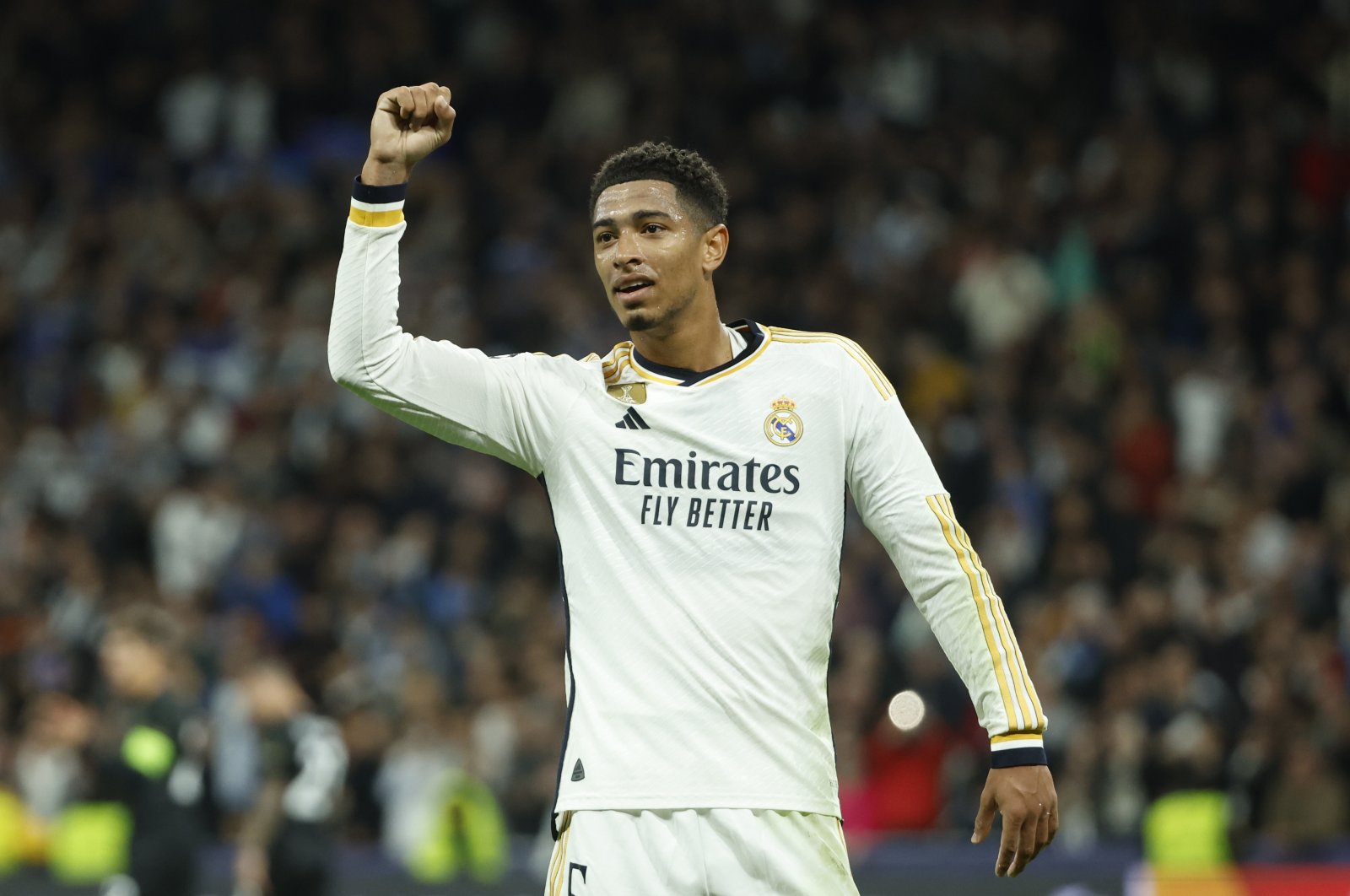 Real Madrid&#039;s midfielder Jude Bellingham celebrates after scoring the 2-1 goal during the UEFA Champions League group C match against Napoli, Madrid, Spain, Nov. 29, 2023. (EPA Photo)