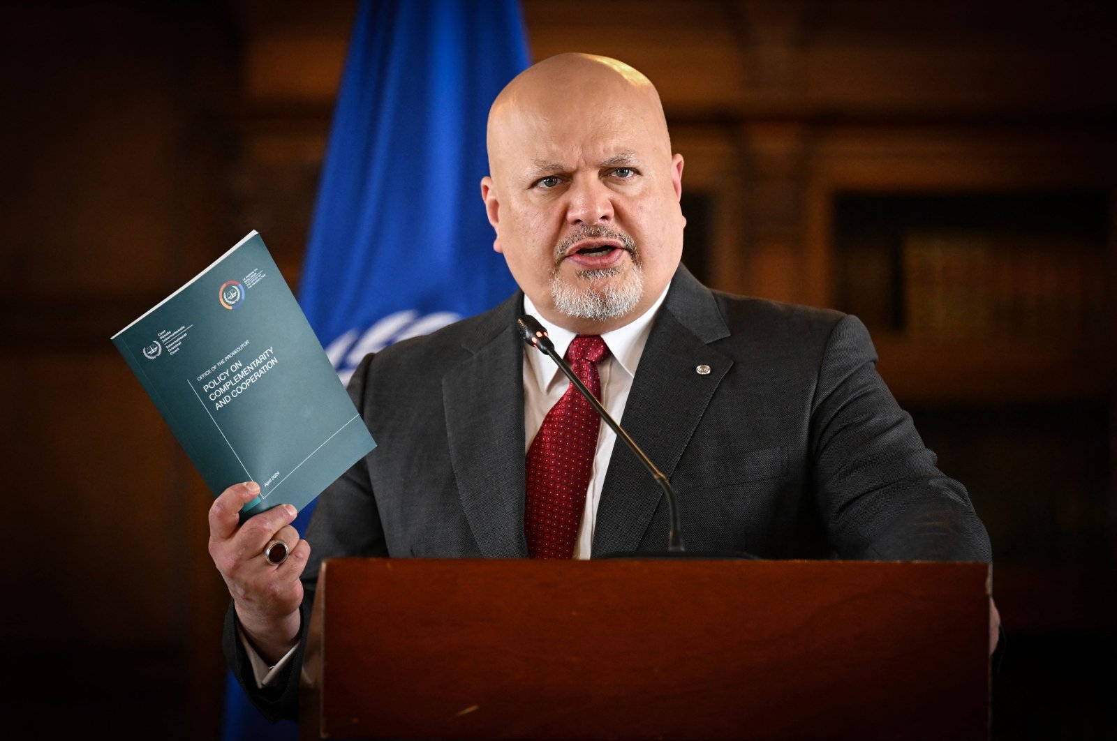 International Criminal Court (ICC) Prosecutor Karim Khan speaks during a news conference at the San Carlos Palace in Bogota, on April 25, 2024. (AFP Photo)