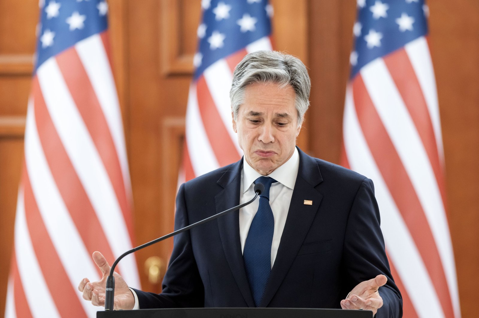 U.S. Secretary of State Antony Blinken delivers his speech at a joint press conference with the president of Moldova at the presidential palace during his official visit to Chisinau, Moldova, 29 May 2024. (EPA Photo)