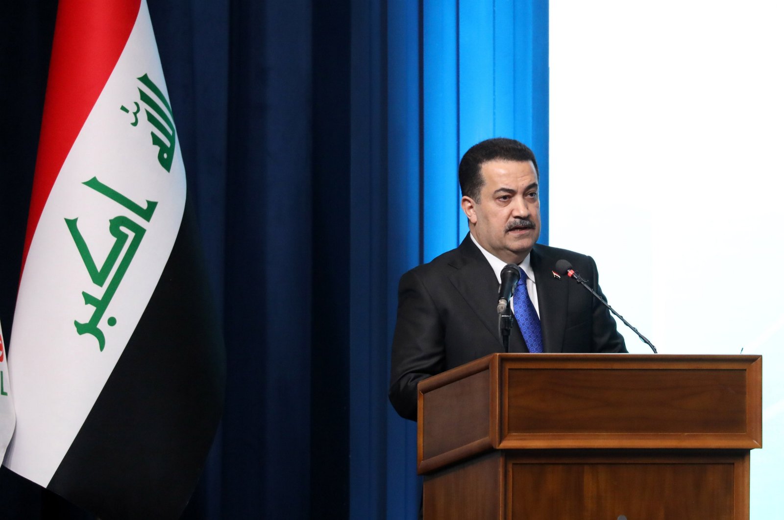 Iraq’s Prime Minister Mohammed S. Al Sudani delivers a speech during a ceremony of the sixth licensing round for oil and gas projects at the Iraqi ministry of oil in Baghdad, Iraq, May 11, 2024. (EPA File Photo)