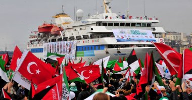 Pro-Palestinian activists wave Turkish and Palestinian flags during the welcoming ceremony for the cruise liner Mavi Marmara at the Sarayburnu port of Istanbul, Türkiye, Dec. 26, 2010. (Reuters File Photo)