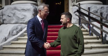 Ukrainian President Volodymyr Zelenskyy (R) welcomes NATO Secretary-General Jens Stoltenberg during their meeting in Kyiv, Ukraine, April 29, 2024. (AP Photo)