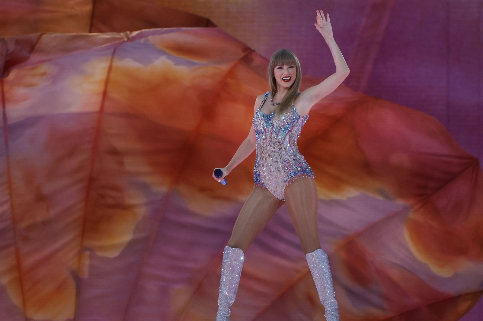 U.S. singer and composer Taylor Swift performs on stage on the occasion of her &quot;The Eras Tour&quot; concert at Santiago Bernabeu stadium in Madrid, Spain, May 29, 2024. (EPA Photo)