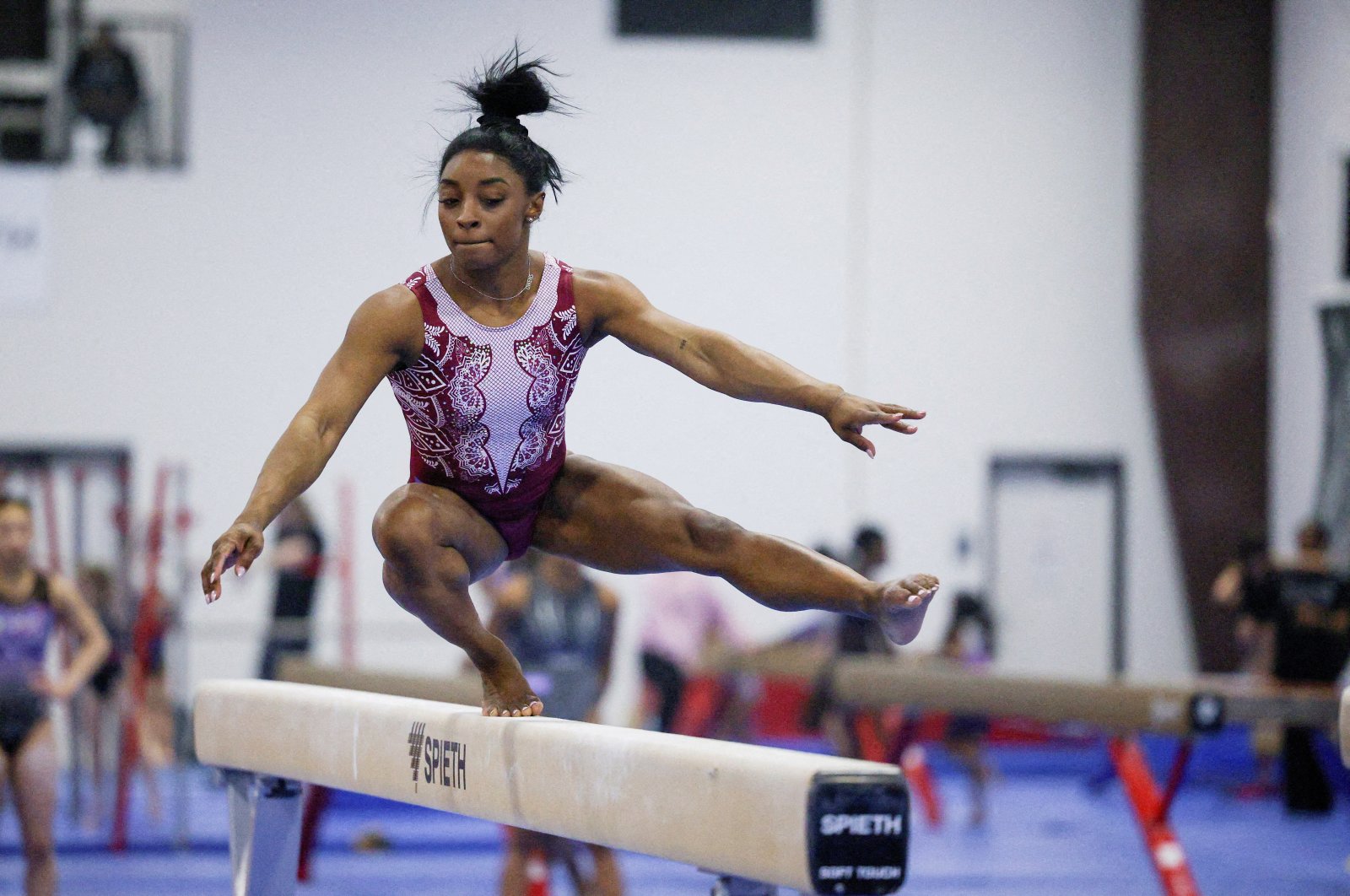 Simone Biles runs through a portion of her beam routine during the second day of a two-day media event with the U.S. Gymnastics team ahead of the 2024 Olympics in Katy, Texas, U.S., Feb. 5, 2024. (Reuters Photo)