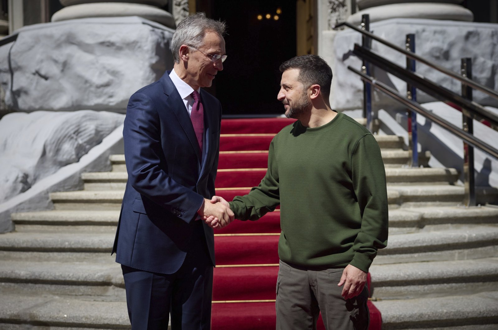 Ukrainian President Volodymyr Zelenskyy (R) welcomes NATO Secretary-General Jens Stoltenberg during their meeting in Kyiv, Ukraine, April 29, 2024. (AP Photo)