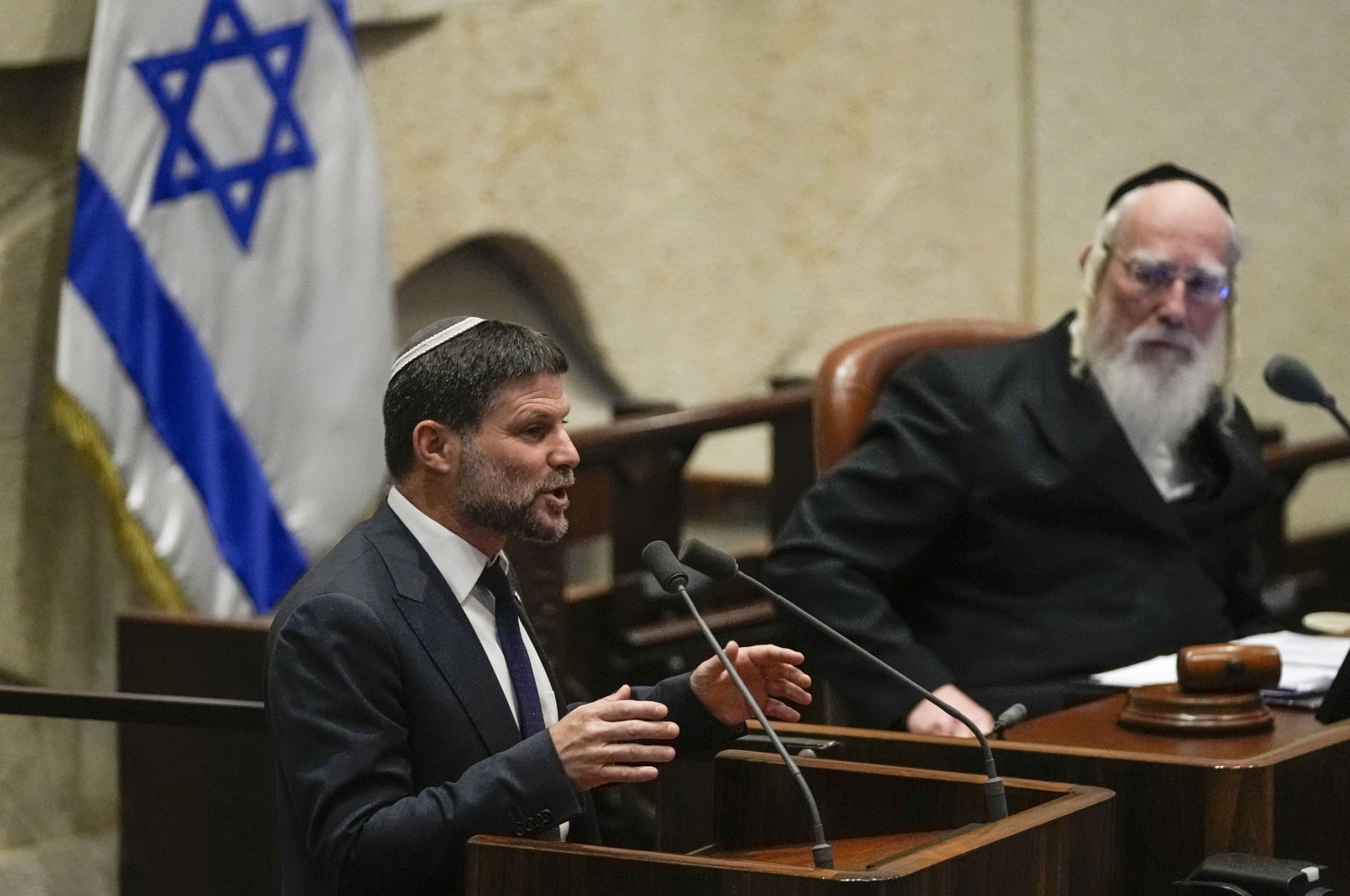 Extremist Finance Minister Bezalel Smotrich speaks at Israel&#039;s parliament, west Jerusalem, Israel, July 10, 2023. (AP File Photo)