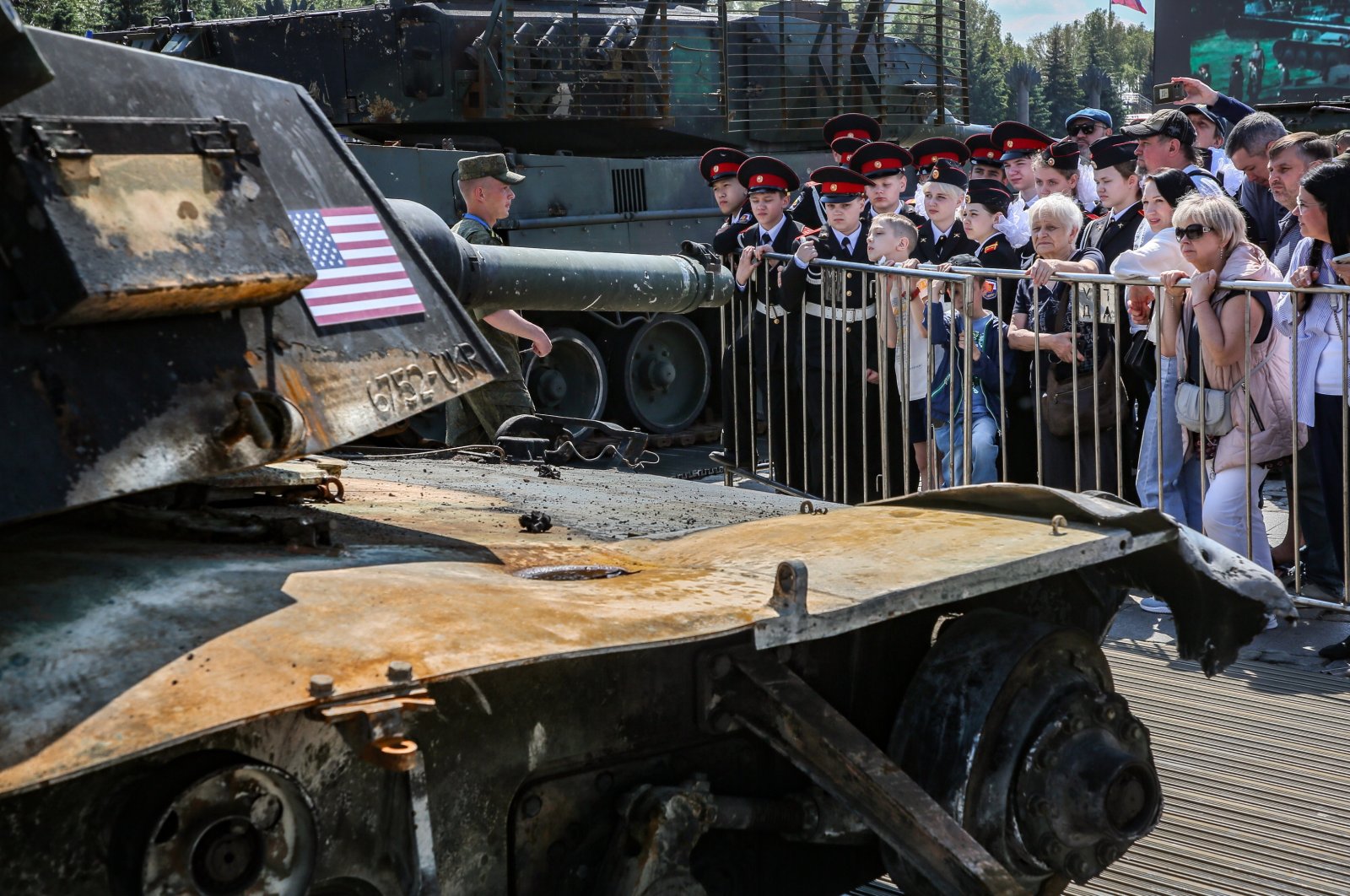 People look at a U.S.-made M1 Abrams battle tank, part of an exhibition on military machinery seized in Ukraine by Russian troops, Poklonnaya Hill, Moscow, Russia, May 27, 2024. (EPA Photo)