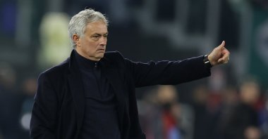 Jose Mourinho gestures during the Italy Cup quarterfinals football match between Lazio and Roma at the Olimpico Stadium, Rome, Italy, Jan. 10, 2024. (Getty Images Photo)