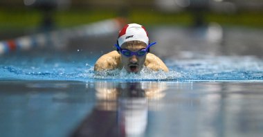Paralympic swimmer Umut Ünlü trains for the 17th Paralympic Summer Games, Van, Türkiye, May 21, 2024. (AA Photo)
