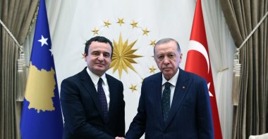 President Recep Tayyip Erdoğan (L) shakes hands with Kosovar Prime Minister Albin Kurti, in the capital Ankara, Türkiye, May 31, 2024. (DHA Photo)