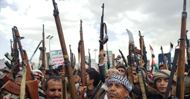 Houthi supporters chant slogans during a protest in solidarity with the Palestinian people, Sanaa, Yemen, May 24, 2024. (EPA Photo)