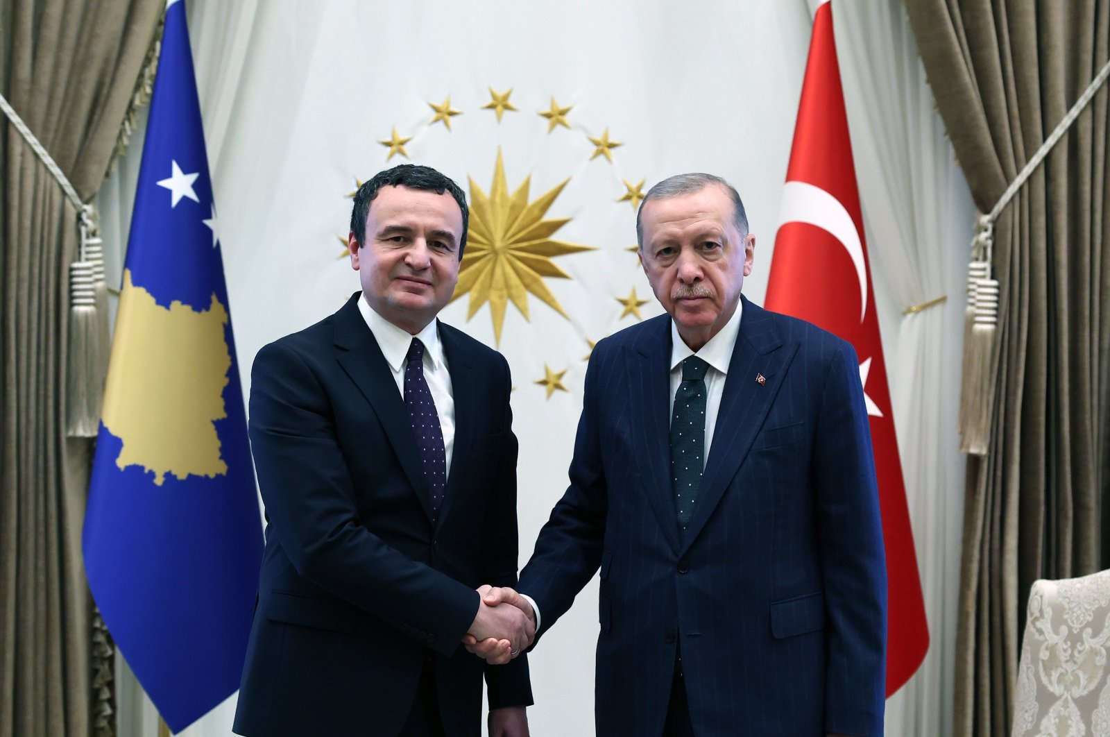 President Recep Tayyip Erdoğan (L) shakes hands with Kosovar Prime Minister Albin Kurti, in the capital Ankara, Türkiye, May 31, 2024. (DHA Photo)