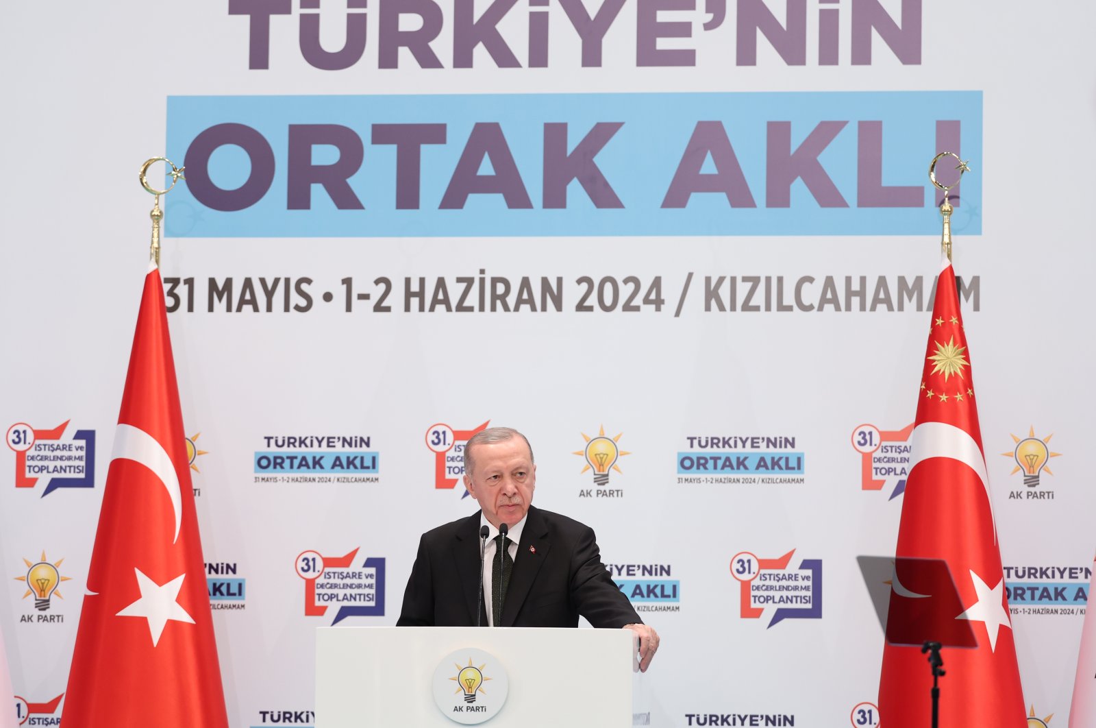 President Recep Tayyip Erdoğan speaks at AK Party&#039;s 3-day meeting in Ankara, June 1, 2024. (DHA Photo)