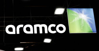 The Saudi Aramco logo is pictured at the Hyvolution exhibition in Paris, France, Feb. 1, 2024. (Reuters Photo)