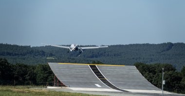 The Bayraktar TB3 combat drone takes off from an upward-curved ramp at Baykar Flight Training and Test Center in Keşan, Edirne, northwestern Türkiye, June 1, 2024. (AA Photo)