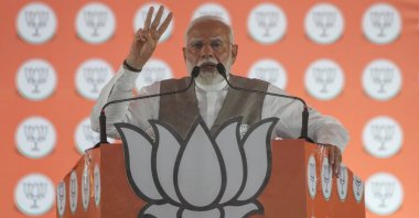 Narendra Modi, India&#039;s Prime Minister and leader of the ruling Bharatiya Janata Party (BJP) addresses his supporters during a public meeting in Hyderabad, India, May 10, 2024. (AA Photo)