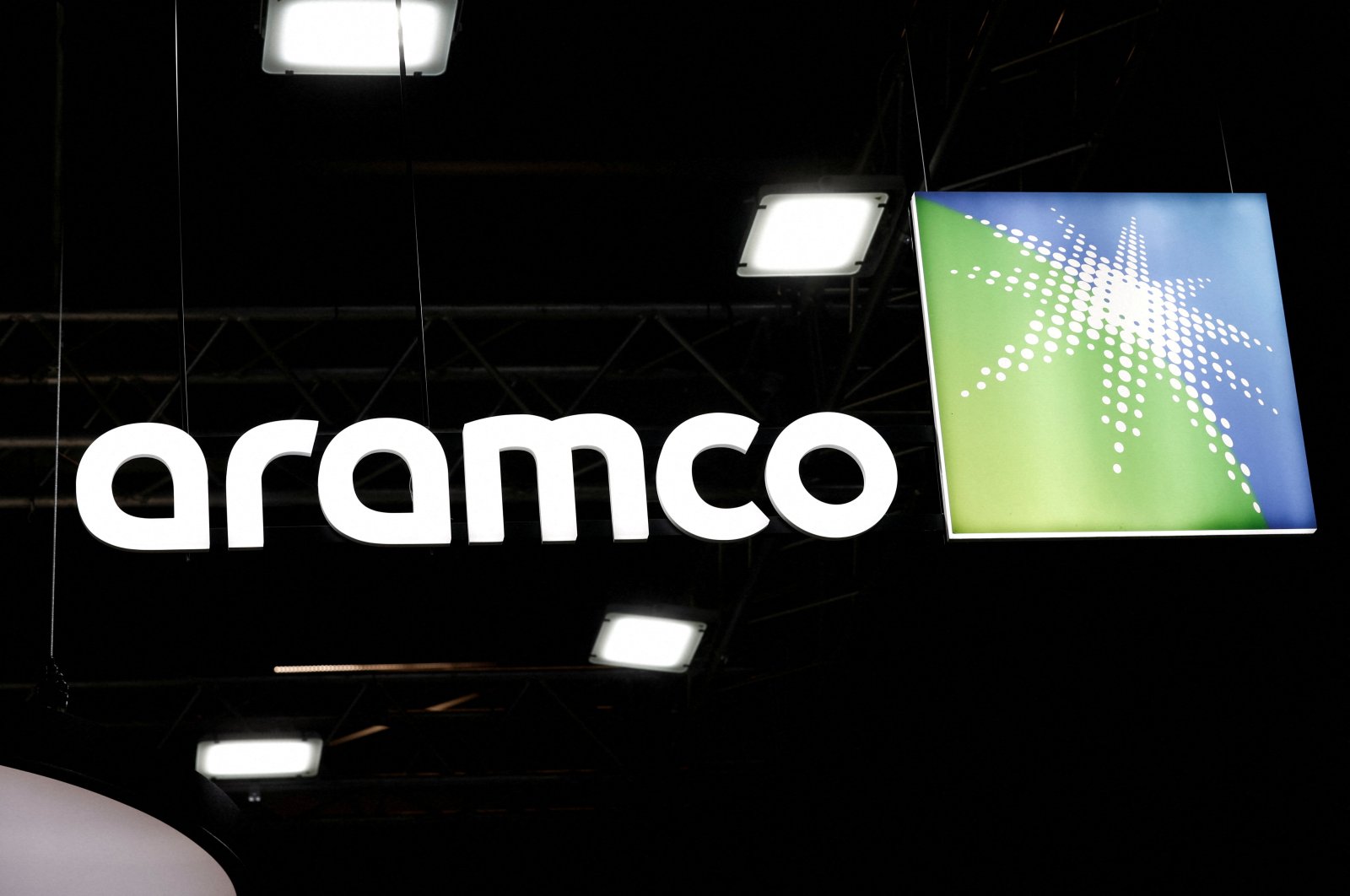 The Saudi Aramco logo is pictured at the Hyvolution exhibition in Paris, France, Feb. 1, 2024. (Reuters Photo)