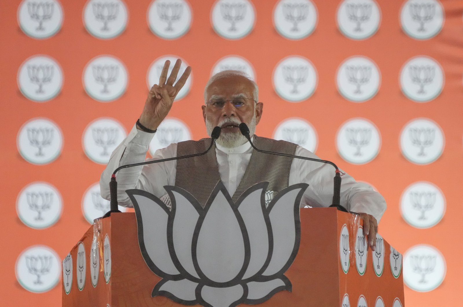 Narendra Modi, India&#039;s Prime Minister and leader of the ruling Bharatiya Janata Party (BJP) addresses his supporters during a public meeting in Hyderabad, India, May 10, 2024. (AA Photo)