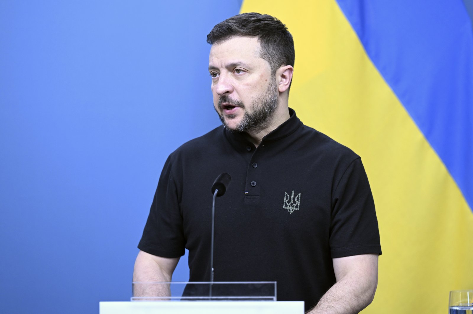 Ukrainian President Volodymyr Zelenskyy speaks during a press conference in Stockholm, Sweden, May 31, 2024. (AP Photo)