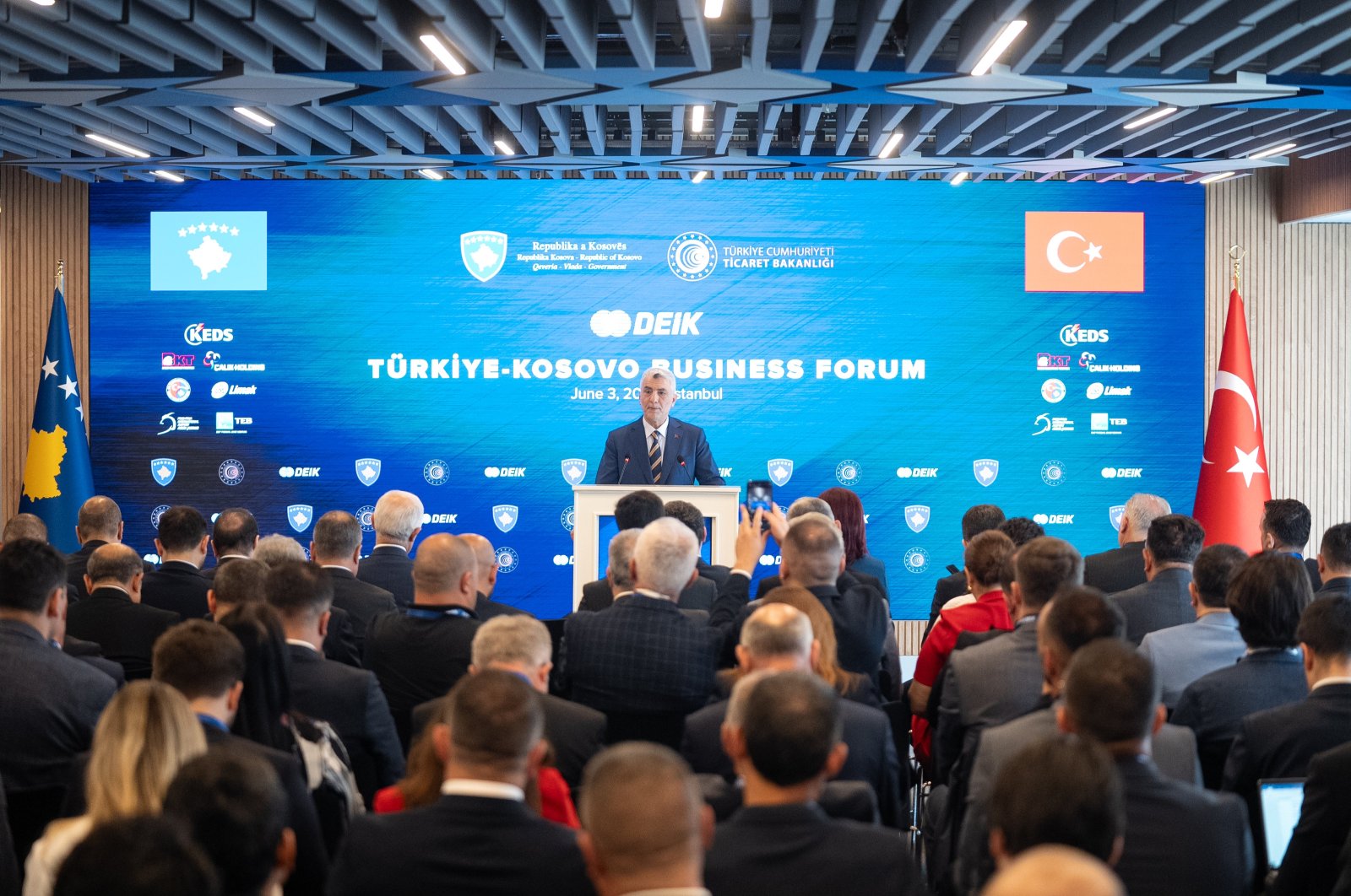 Trade Minister Ömer Bolat delivers a speech at the Türkiye-Kosovo Business Forum held at the Foreign and Diplomatic Relations Board (DEIK) headquarters, Istanbul, Türkiye, June 3, 2024. (AA Photo)