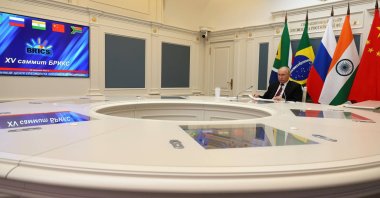 Russian President Vladimir Putin takes part in an informal meeting of BRICS leaders via video conference Aug. 22, 2023. (Reuters Photo)