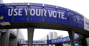 People wait in line to visit the European Parliament during Europe Day celebrations, Brussels, Belgium, May 4, 2024. (AP Photo)