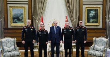 President Recep Tayyip Erdoğan (center) hosts the crew of the Ax-3 mission at the Presidential Complex in Ankara, June 4, 2024. (AA Photo)