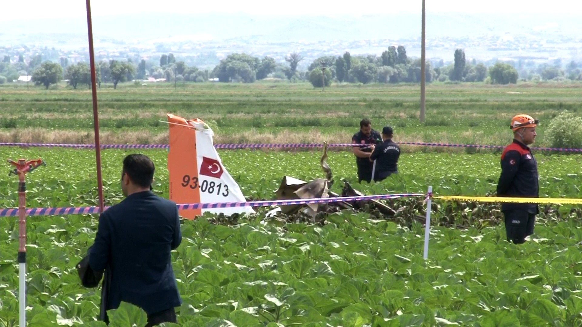 Officials inspect the site of the crashed training aircraft in Kayseri, central Türkiye, June 4, 2024. (IHA Photo)