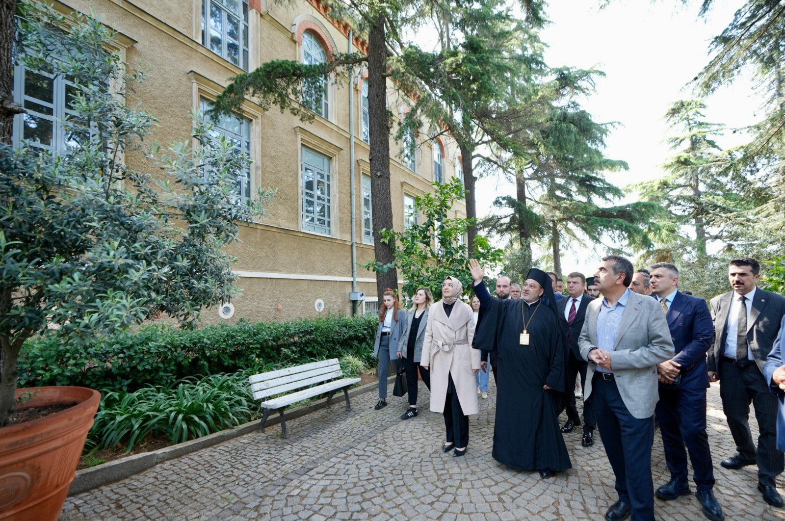 Minister of National Education (front) is accompanied on a tour of the building of a high school where the Halki seminary is also located, Istanbul, Türkiye, May 28, 2024. (AA Photo)