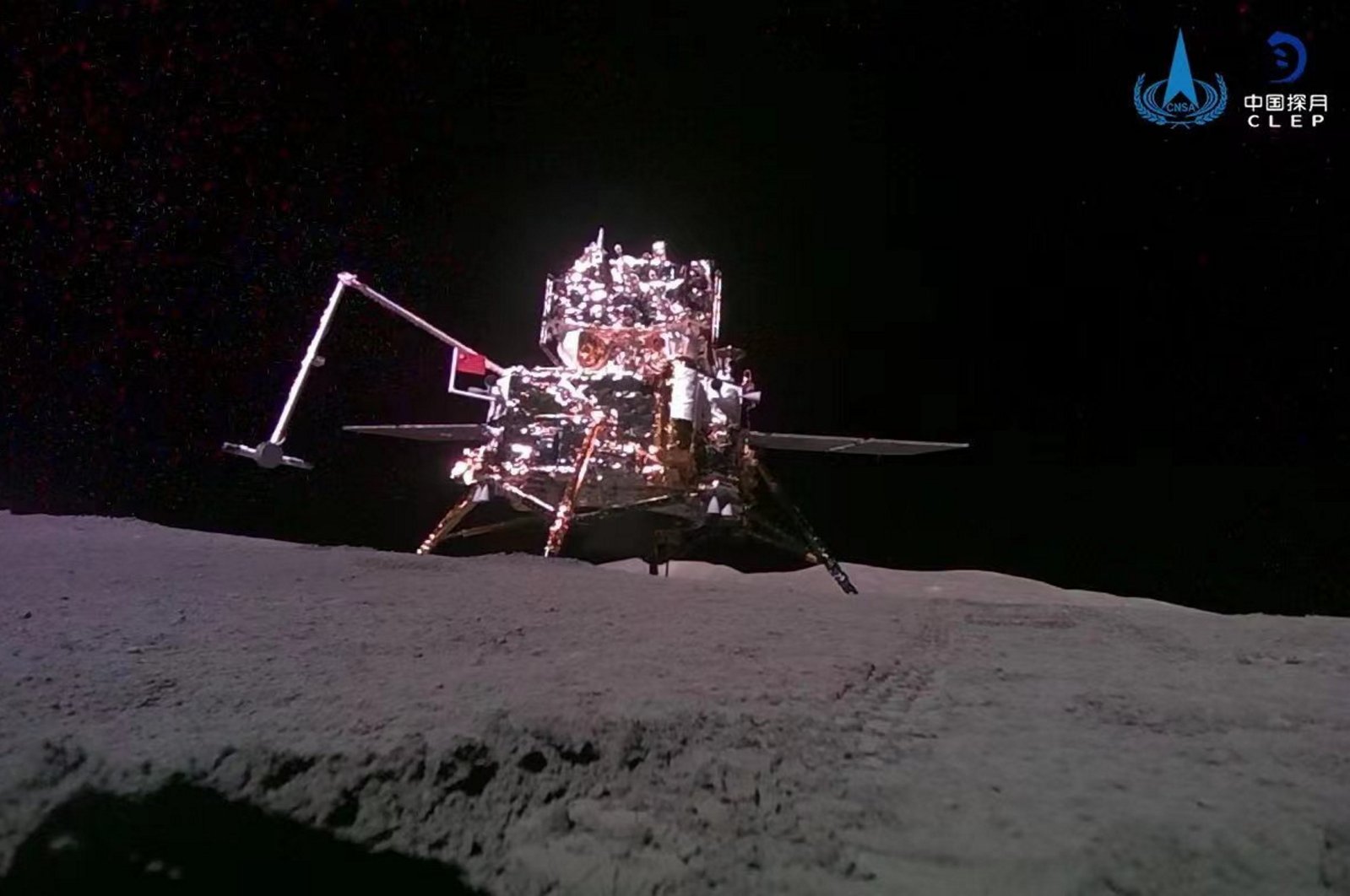 This photo released on June 4, 2024, shows a view of the lander-ascender taken from the &quot;mobile camera&quot; carried by the Chang&#039;e-6 probe after it landed on the moon&#039;s surface. 