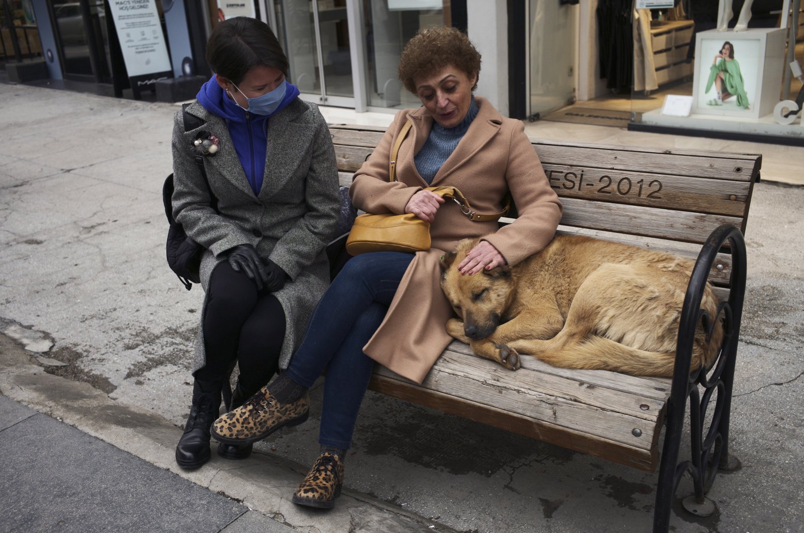Women chat while sitting next to a stray dog, in Ankara, Türkiye, March 2, 2022. (AP Photo)