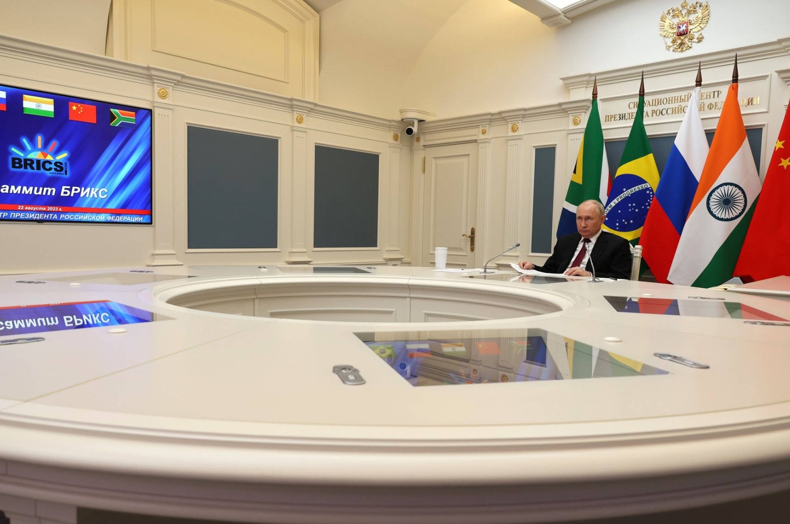 Russian President Vladimir Putin takes part in an informal meeting of BRICS leaders via video conference Aug. 22, 2023. (Reuters Photo)