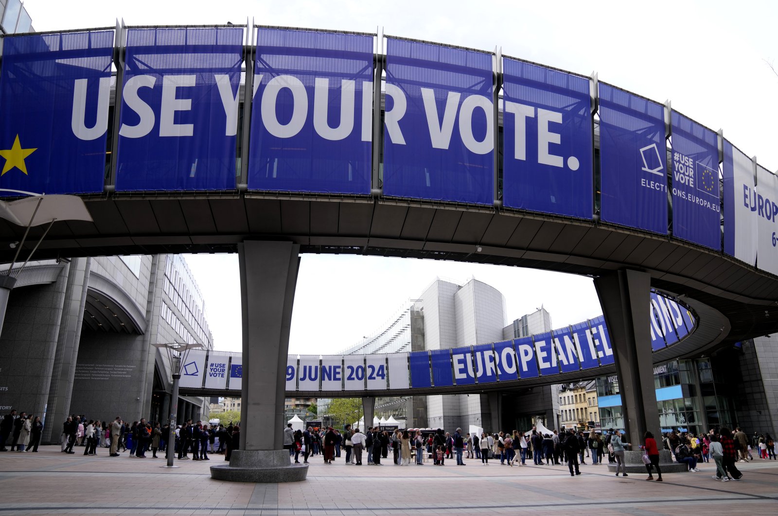 People wait in line to visit the European Parliament during Europe Day celebrations, Brussels, Belgium, May 4, 2024. (AP Photo)