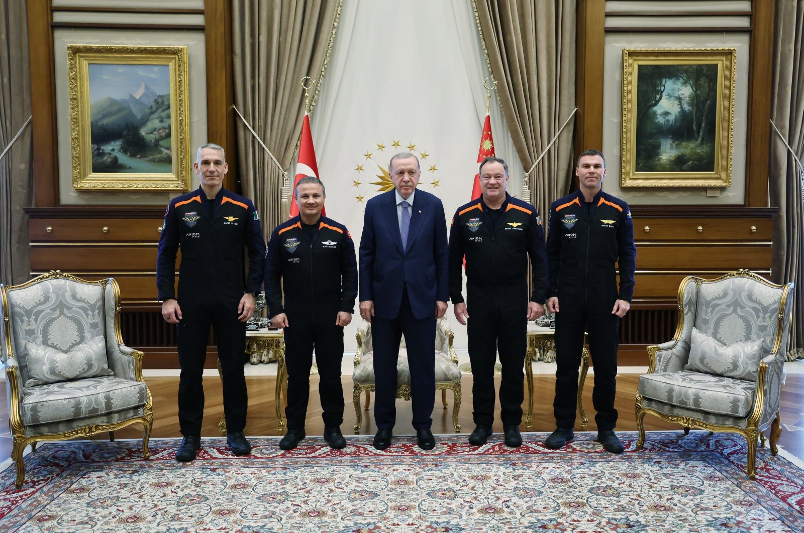 President Recep Tayyip Erdoğan (center) hosts the crew of the Ax-3 mission at the Presidential Complex in Ankara, June 4, 2024. (AA Photo)