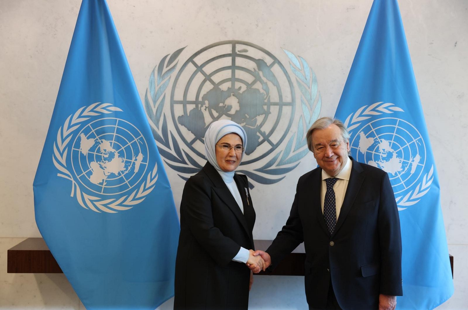 First lady Emine Erdoğan and U.N. Secretary-General Antonio Guterres shake hands at U.N. headquarters in this undated file photo released on June 4, 2024. (AA File Photo)