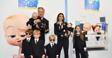 U.S. actor Alec Baldwin (L), wife Hilaria Baldwin (R) and their children attend DreamWorks Animation&#039;s &quot;The Boss Baby: Family Business&quot; premiere at SVA Theatre, New York City, New York, U.S., June 22, 2021. (AFP Photo)