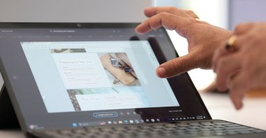 A demonstration of Microsoft&#039;s Recall feature on a Surface Pro is pictured following the Microsoft Briefing event in Redmond, Washington, U.S., May 20, 2024. (AFP Photo)