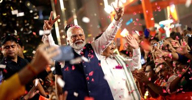 Bharatiya Janata Party (BJP) leader and Indian Prime Minister Narendra Modi (C) arrives at the party headquarters to deliver a victory speech, in New Delhi, India, June 4, 2024. (EPA Photo)