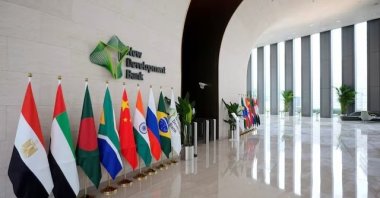 A view of the logo of the New Development Bank (NDB) at its headquarters in Shanghai, China, July 10, 2023. (Reuters File Photo)