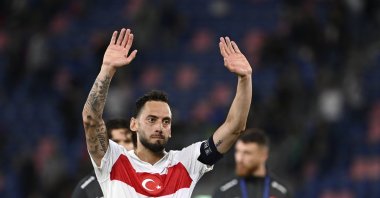 Turkish national team captain Hakan Çalhanoglu waves at fans after the Italy friendly match at the Renato Dall'Ara Stadium, Bologna, Italy, June 4, 2024. (AA Photo)
