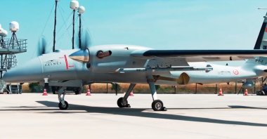 A screenshot from a video shows the Akıncı combat drone, equipped with IHA-122 missiles, at a flight training and test center in Tekirdağ, northwestern Türkiye, June 4, 2024. (Photo: @BaykarTech)