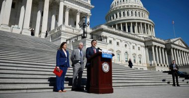 Speaker of the House Mike Johnson (R-LA) calls on the Senate to take up the Israel Security Assistance Support Act during a news conference with Majority Whip Tom Emmer (R-MN) and Rep. Elise Stefanik (R-NY) (L) on the East Front of the U.S. Capitol, May 16, 2024. (AFP File Photo)