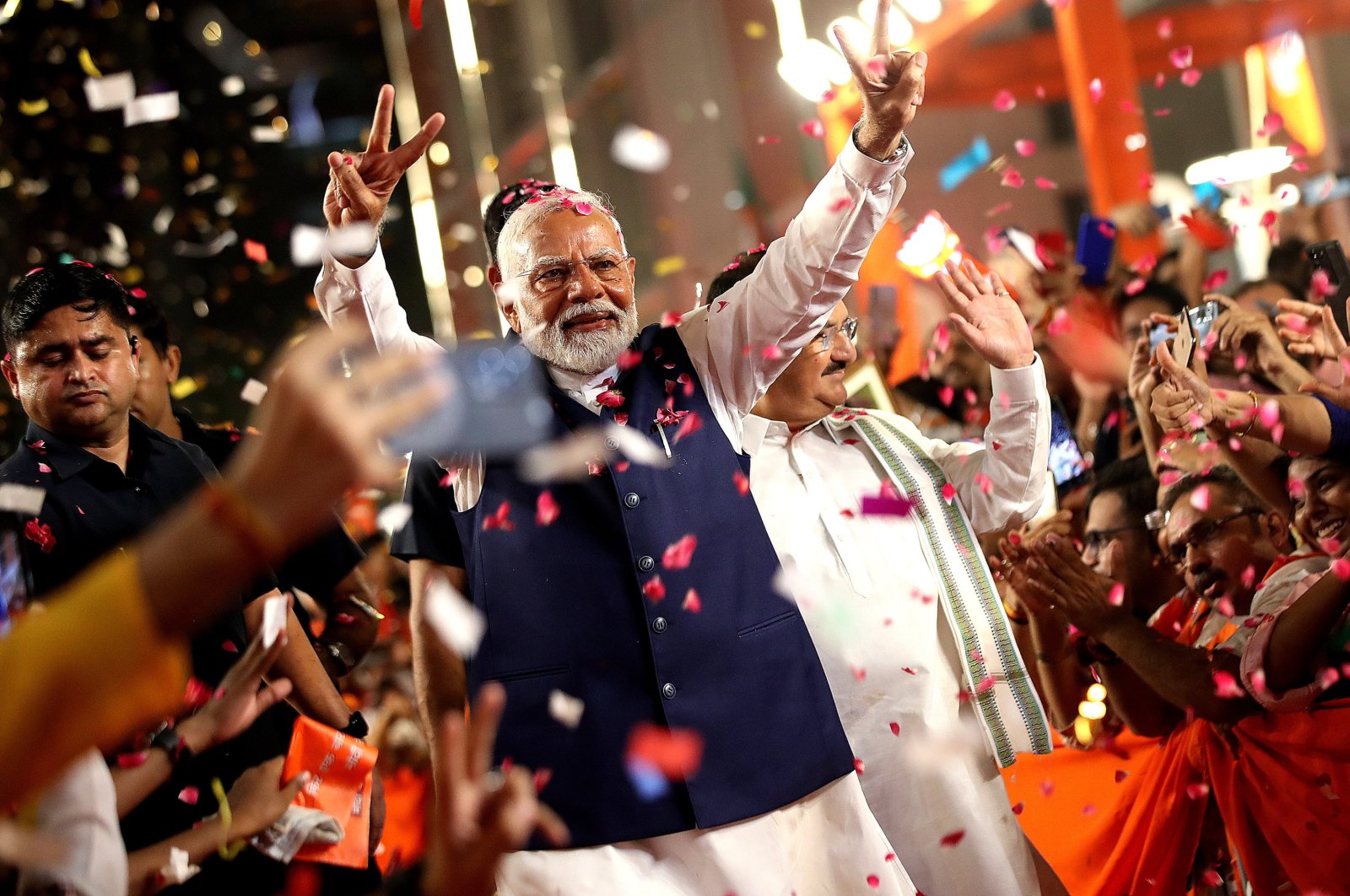 Bharatiya Janata Party (BJP) leader and Indian Prime Minister Narendra Modi (C) arrives at the party headquarters to deliver a victory speech, in New Delhi, India, June 4, 2024. (EPA Photo)