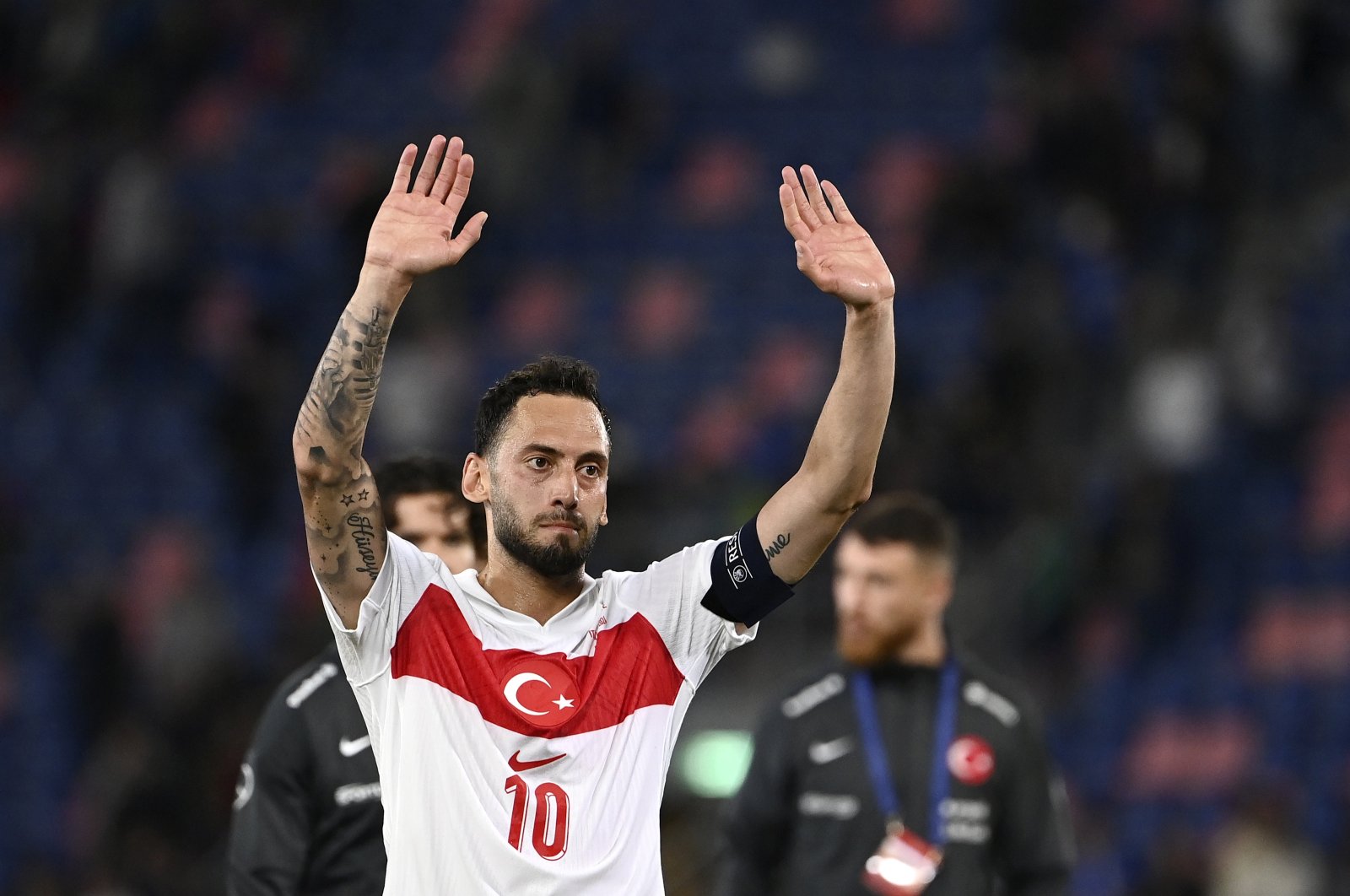 Turkish national team captain Hakan Çalhanoglu waves at fans after the Italy friendly match at the Renato Dall&#039;Ara Stadium, Bologna, Italy, June 4, 2024. (AA Photo)