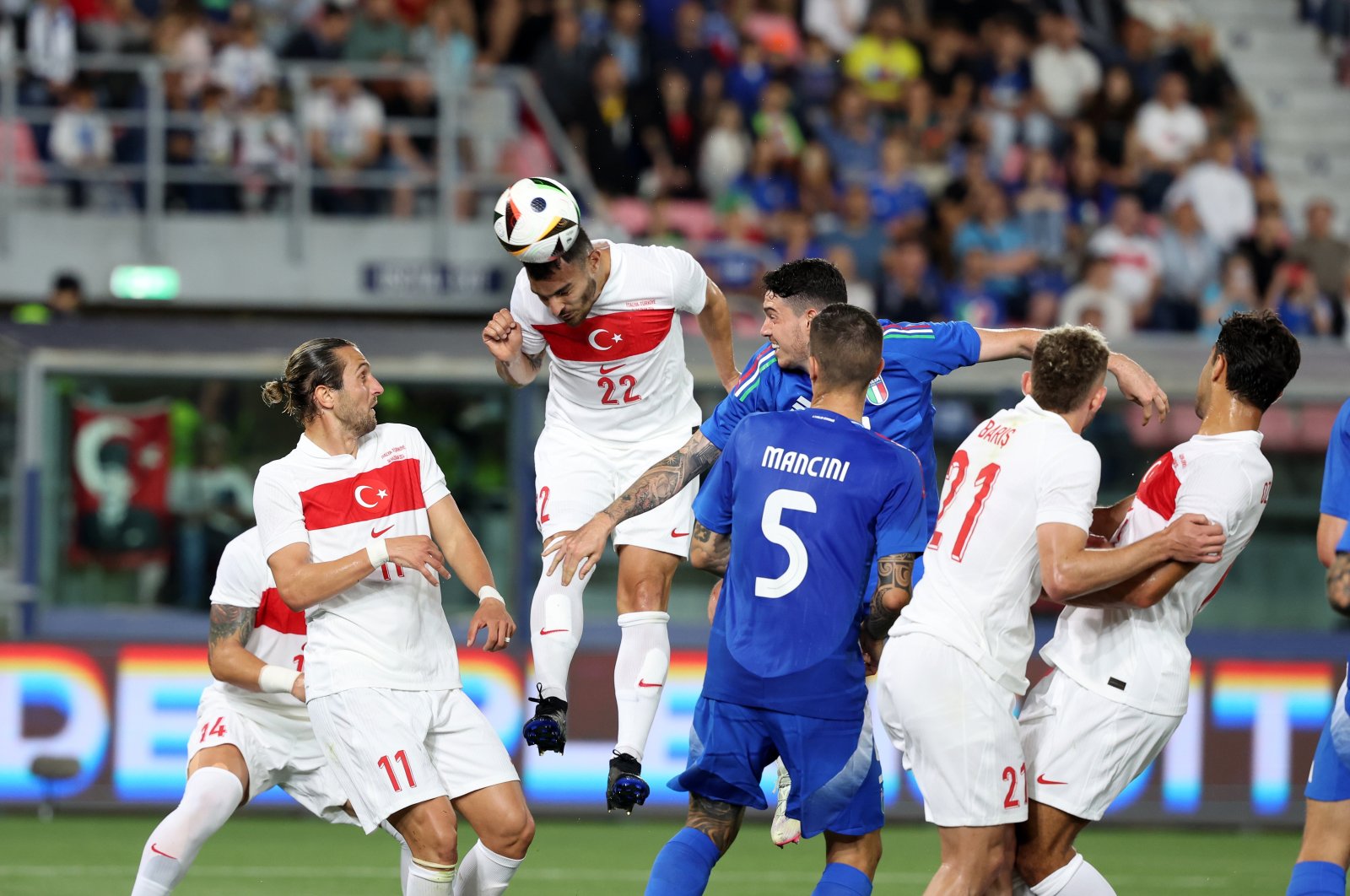 Türkiye&#039;s Kaan Ayhan (C) heads the ball during the international friendly match against Italy at the Renato Dall&#039;Ara Stadium, Bologna, Italy, June 4, 2024. (IHA Photo)