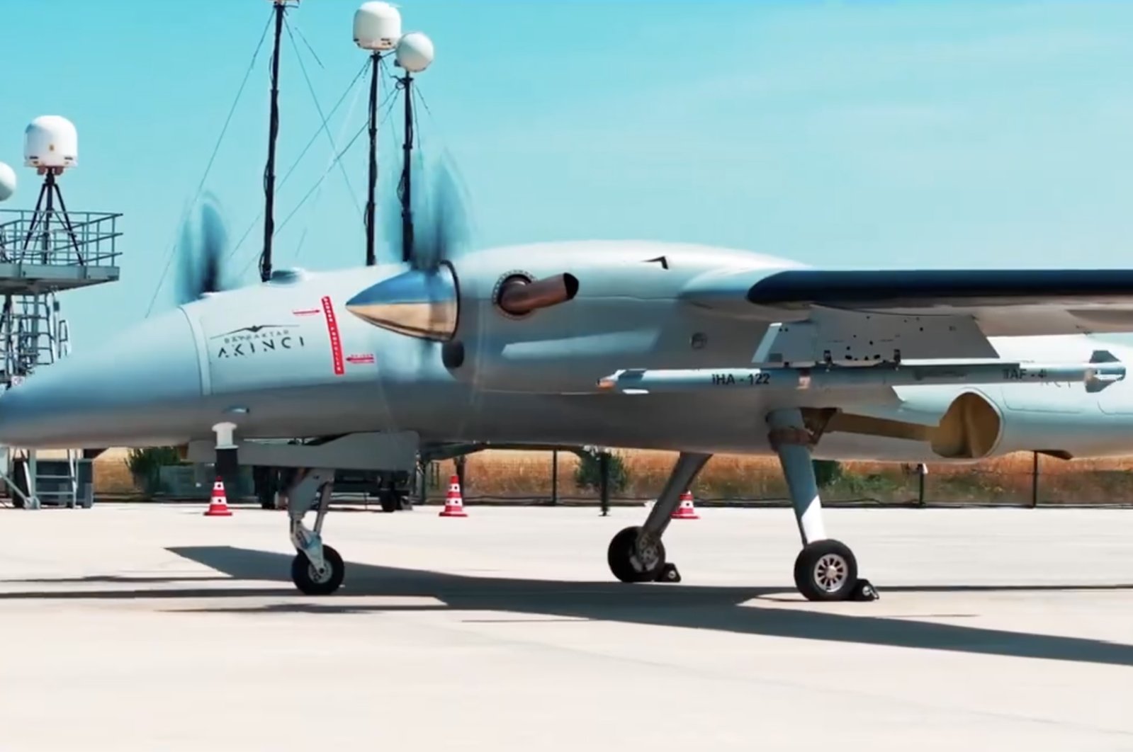 A screenshot from a video shows the Akıncı combat drone, equipped with IHA-122 missiles, at a flight training and test center in Tekirdağ, northwestern Türkiye, June 4, 2024. (Photo: @BaykarTech)